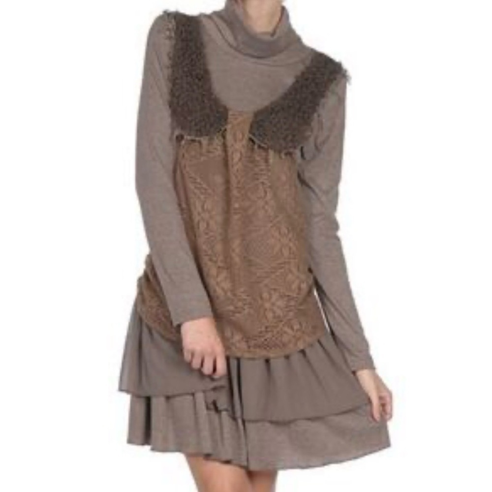 A’REVE Anthropologie Boho Mixed Media Dress L Brown Layered Forest Fairy Areve